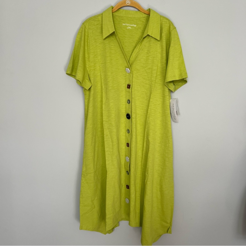 NEW NWT Soft Surroundings Lime Green Short Sleeve Button Down Midi Dress Size XL